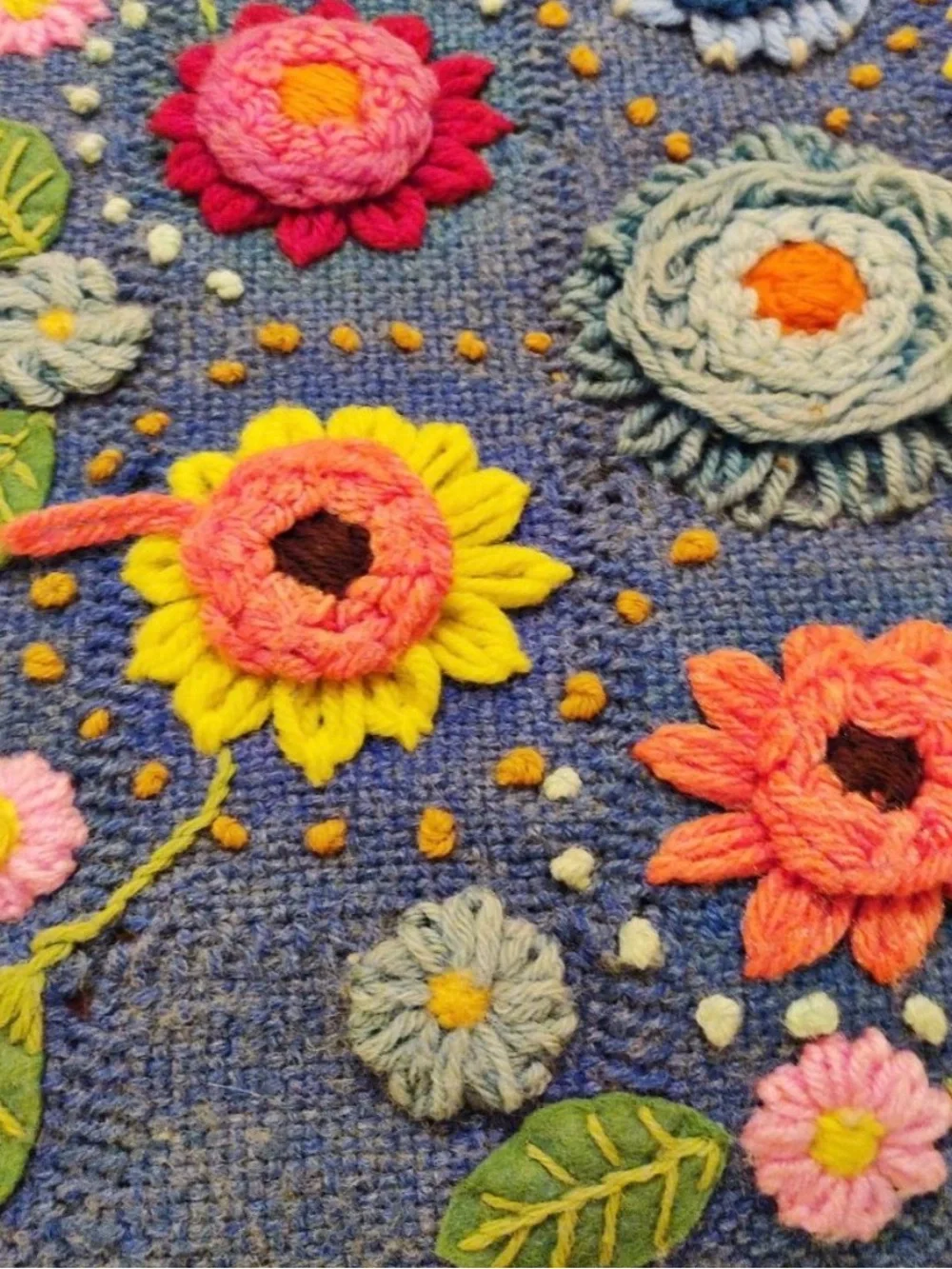 Vintage Wool Crewel Embroidered Pillow MOD Funky Flower Print Handmade 3D